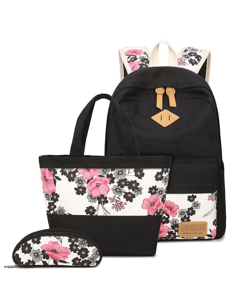 New Plain School Bag Floral Printed Multi-function Canvas Backpack Set