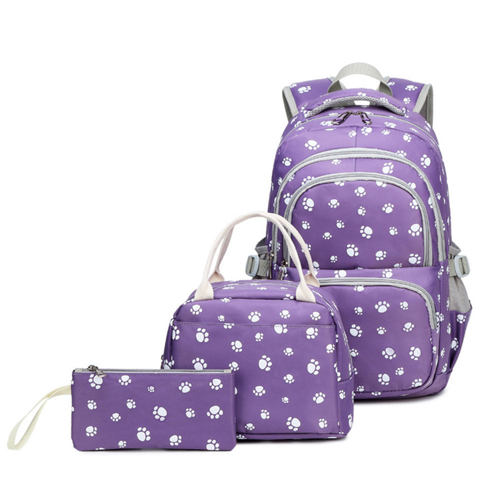 Durable 3 Pieces Backpack Set Dog Paw Prints Junior Schoolbag Bookbag for Teens Girls