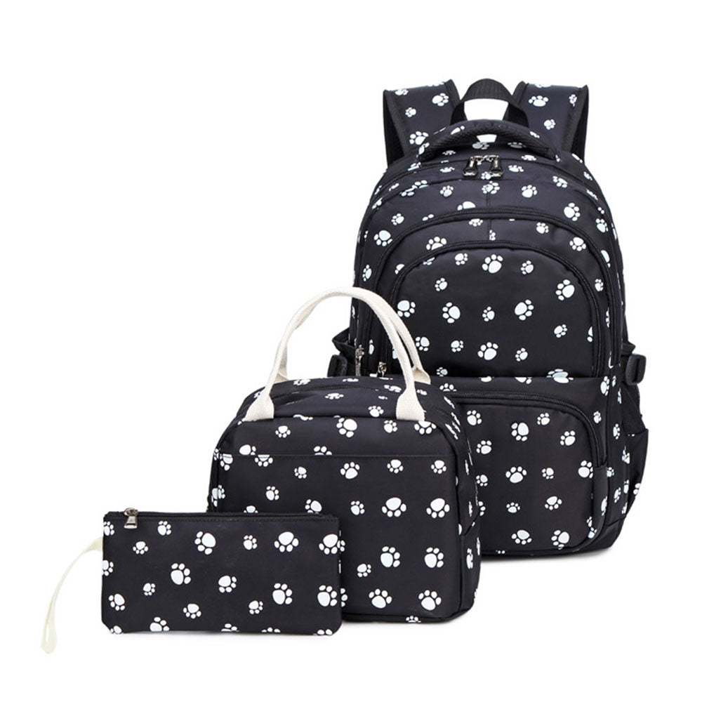 Durable 3 Pieces Backpack Set Dog Paw Prints Junior Schoolbag Bookbag for Teens Girls
