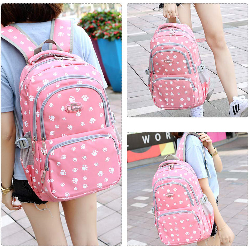 Durable 3 Pieces Backpack Set Dog Paw Prints Junior Schoolbag Bookbag for Teens Girls