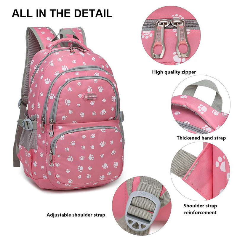 Durable 3 Pieces Backpack Set Dog Paw Prints Junior Schoolbag Bookbag for Teens Girls