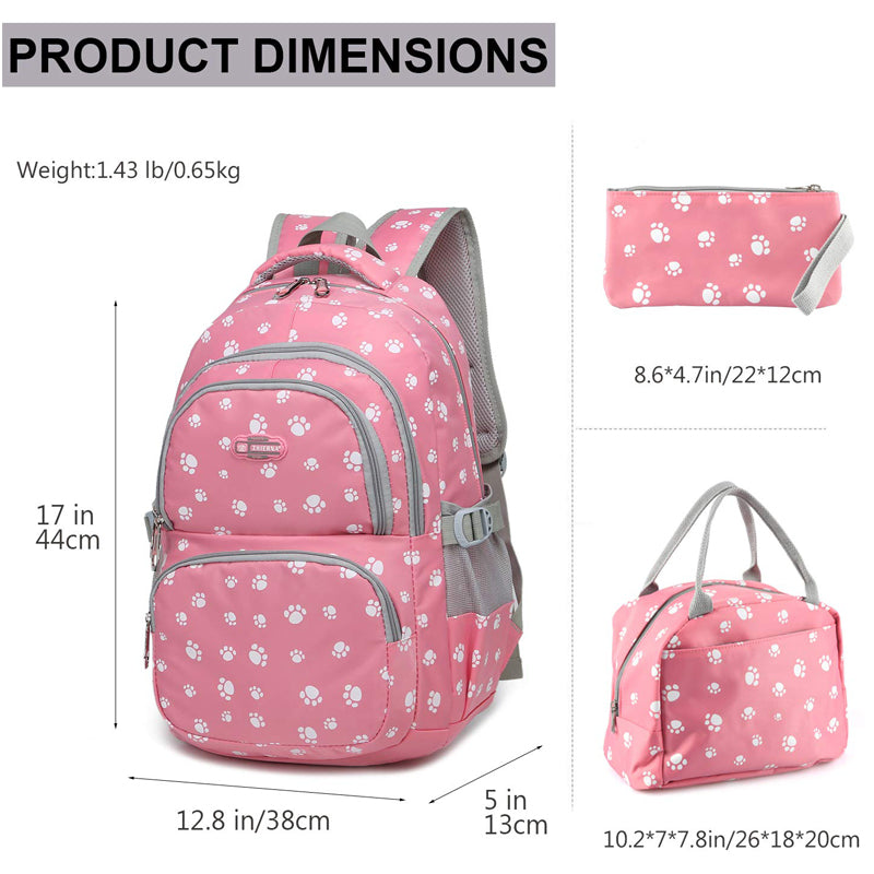 Durable 3 Pieces Backpack Set Dog Paw Prints Junior Schoolbag Bookbag for Teens Girls