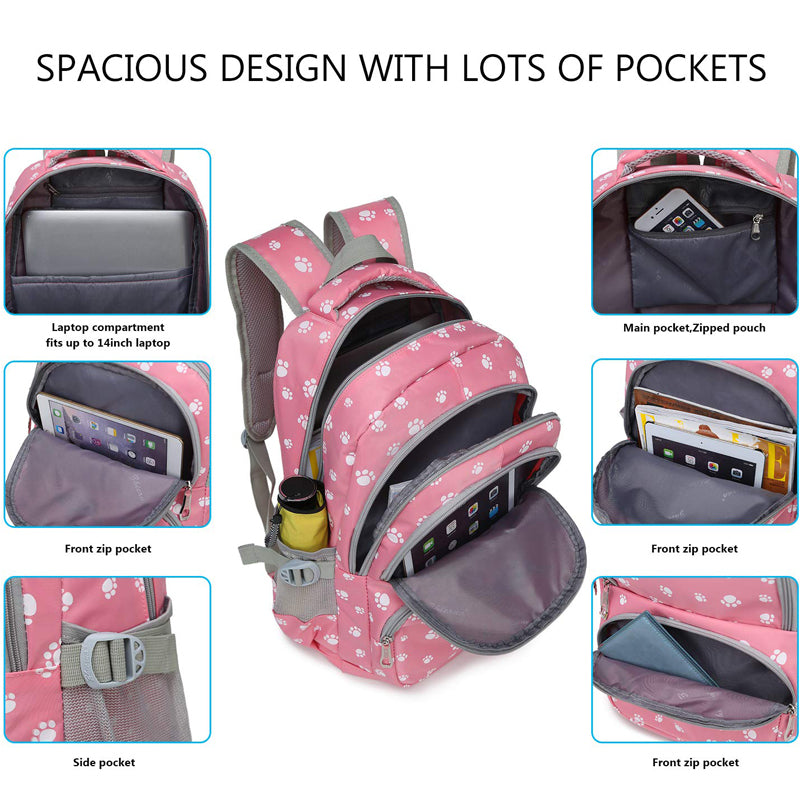 Durable 3 Pieces Backpack Set Dog Paw Prints Junior Schoolbag Bookbag for Teens Girls