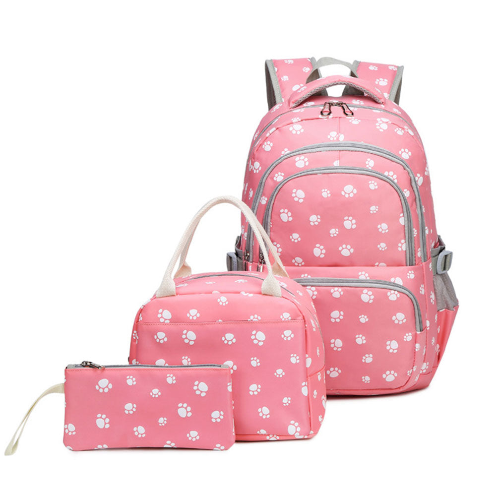 Durable 3 Pieces Backpack Set Dog Paw Prints Junior Schoolbag Bookbag for Teens Girls