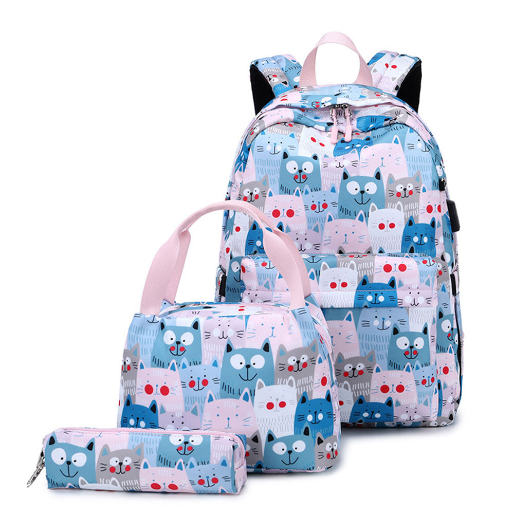 Cute Cat Printing Backpack Set for Girls 3 Pieces Waterproof School Bookbag with USB Charging Port