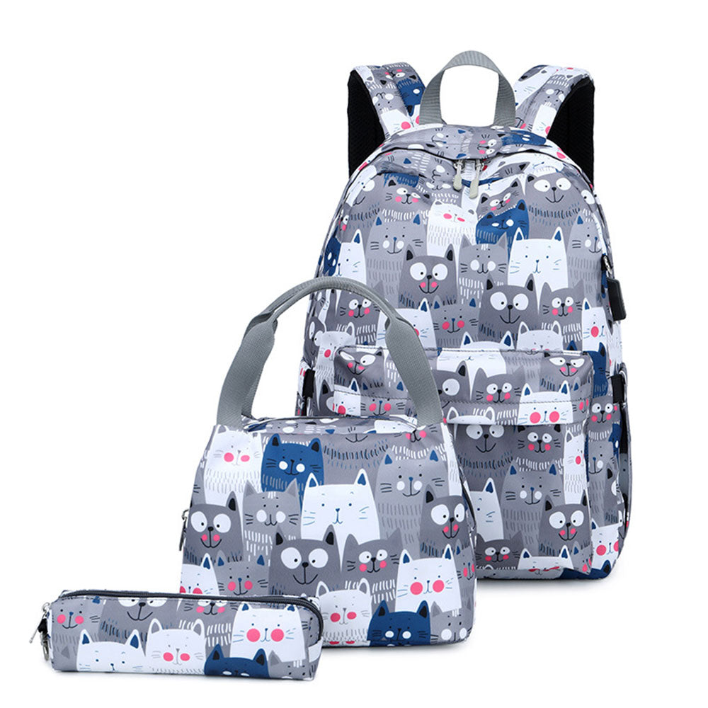 Cute Cat Printing Backpack Set for Girls 3 Pieces Waterproof School Bookbag with USB Charging Port