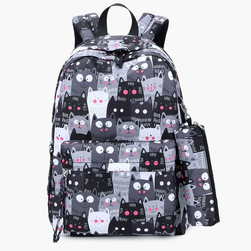 Cute Cat Printing Backpack Set for Girls 3 Pieces Waterproof School Bookbag with USB Charging Port