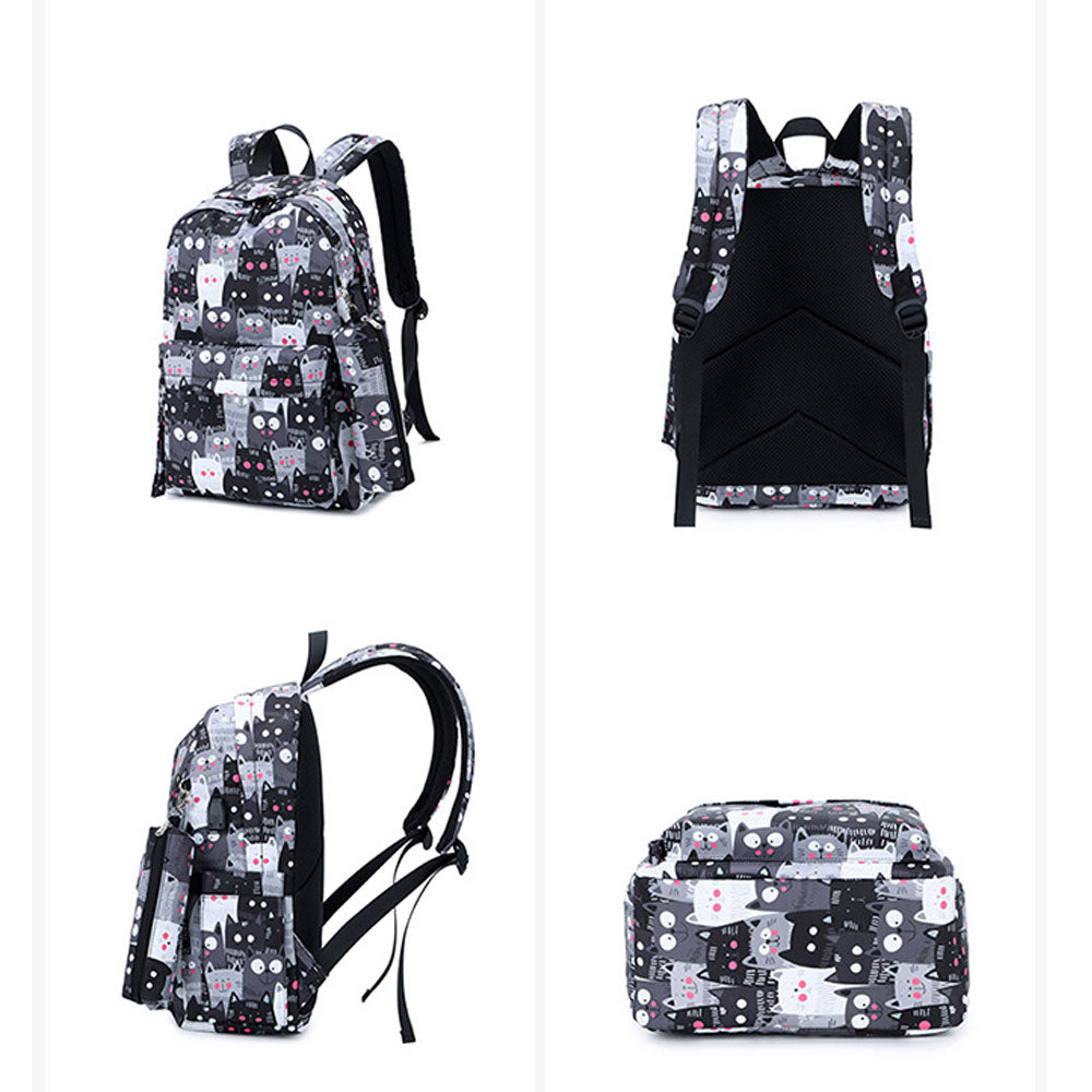 Cute Cat Printing Backpack Set for Girls 3 Pieces Waterproof School Bookbag with USB Charging Port