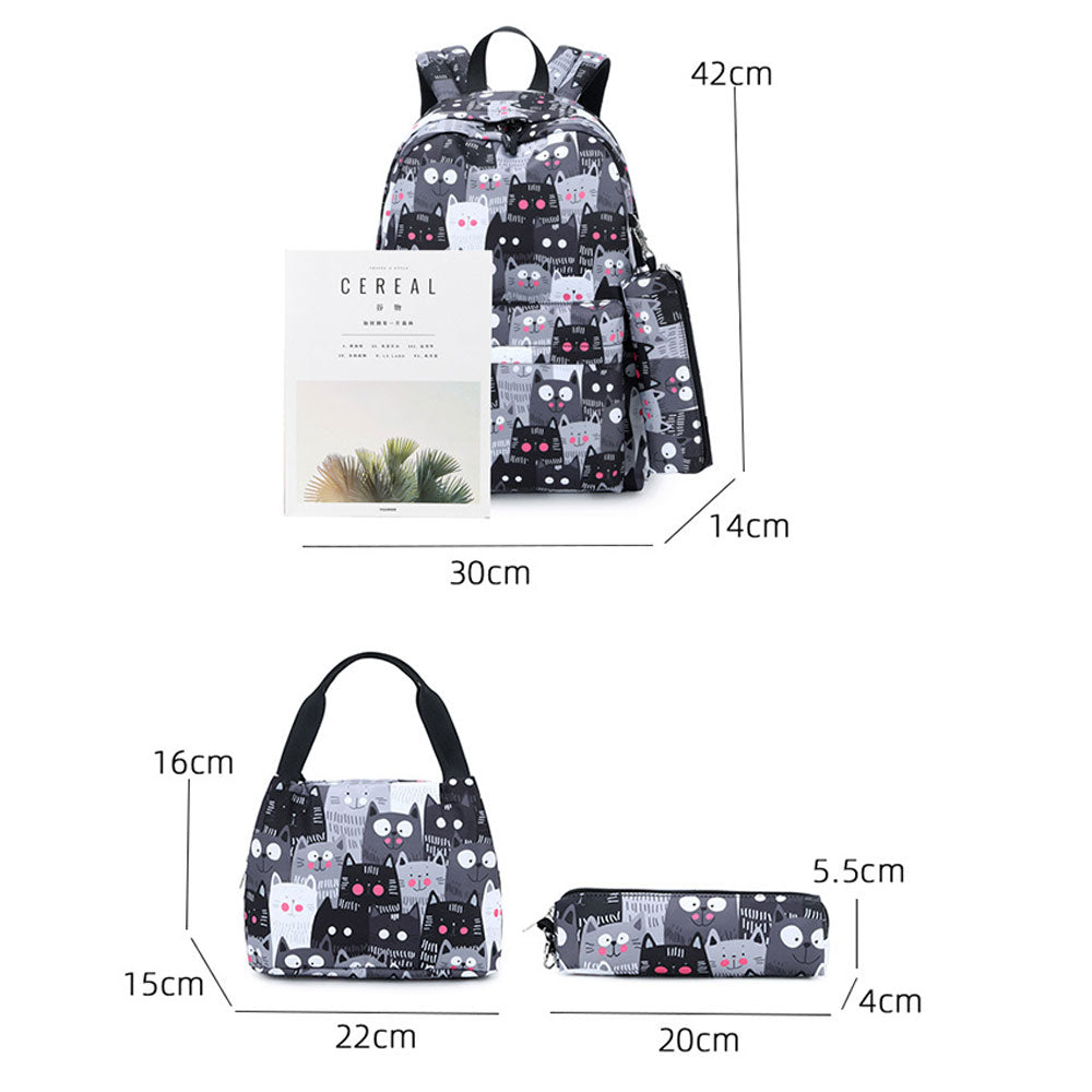 Cute Cat Printing Backpack Set for Girls 3 Pieces Waterproof School Bookbag with USB Charging Port