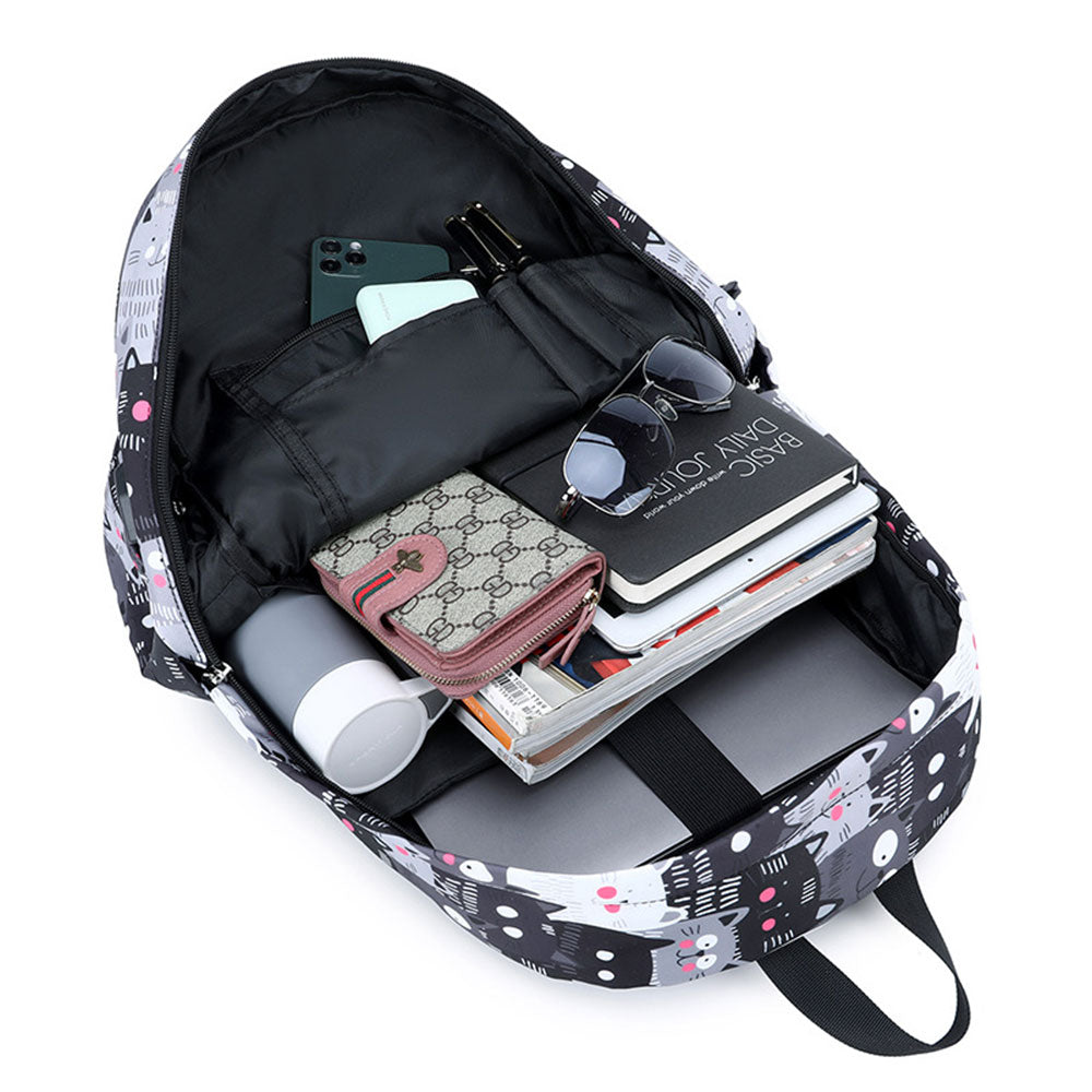 Cute Cat Printing Backpack Set for Girls 3 Pieces Waterproof School Bookbag with USB Charging Port