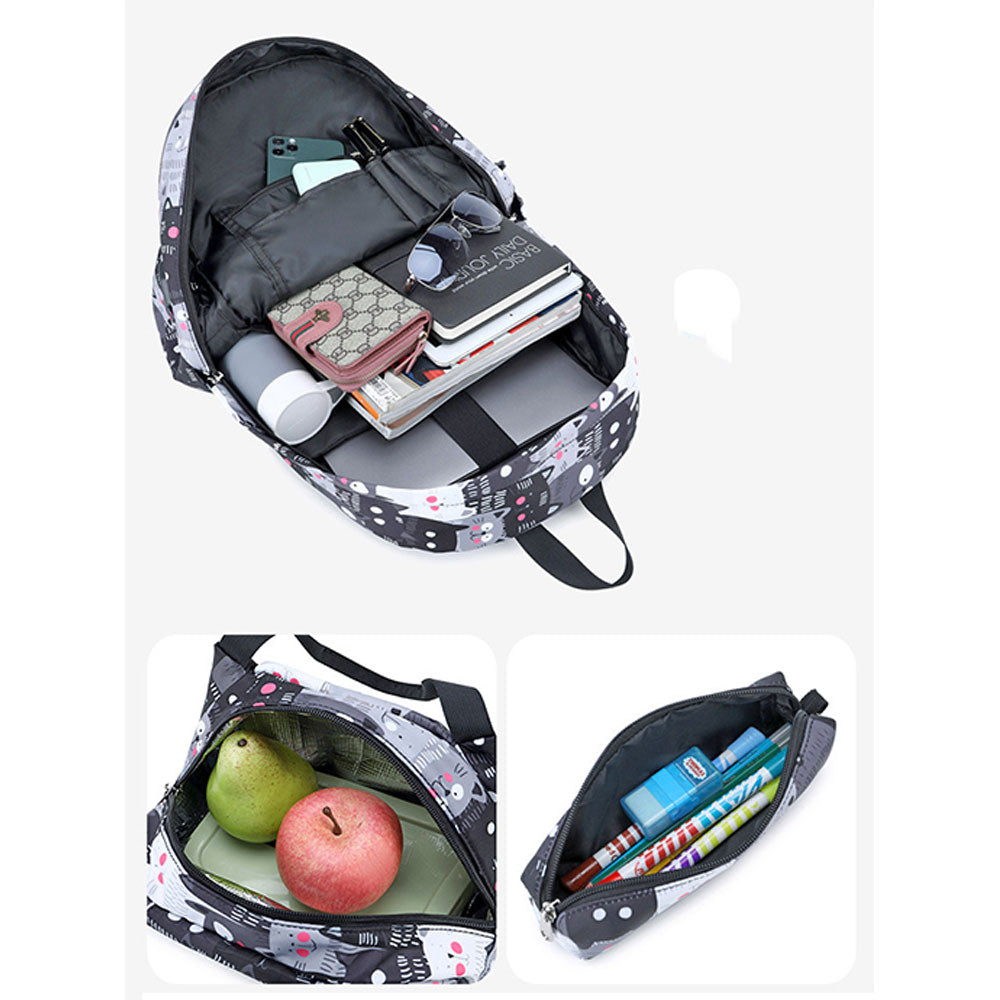 Cute Cat Printing Backpack Set for Girls 3 Pieces Waterproof School Bookbag with USB Charging Port