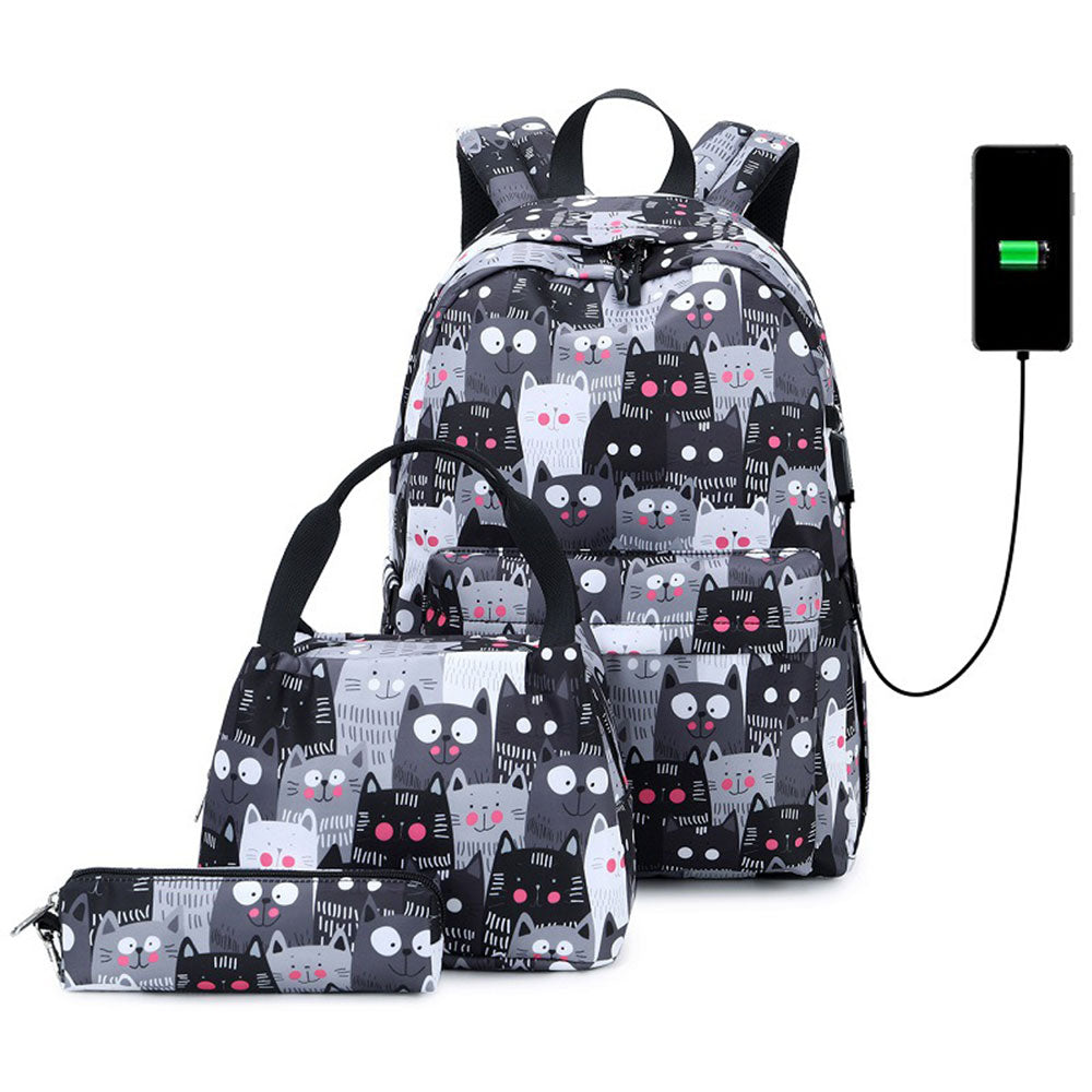Cute Cat Printing Backpack Set for Girls 3 Pieces Waterproof School Bookbag with USB Charging Port