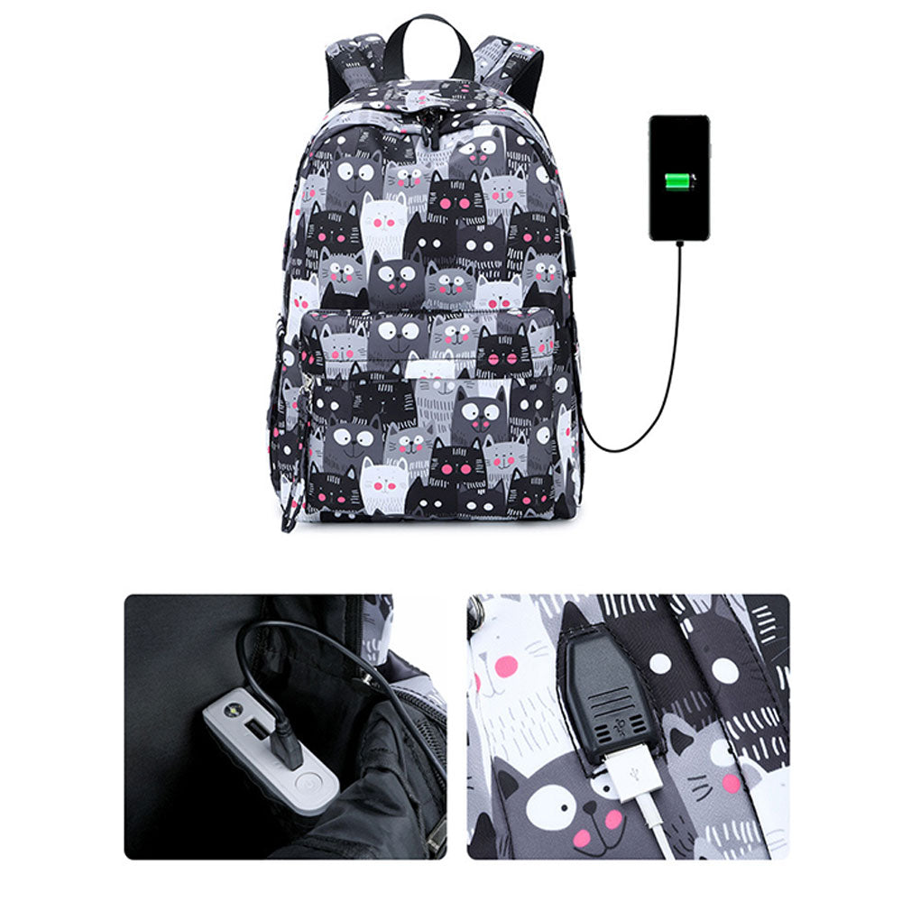 Cute Cat Printing Backpack Set for Girls 3 Pieces Waterproof School Bookbag with USB Charging Port