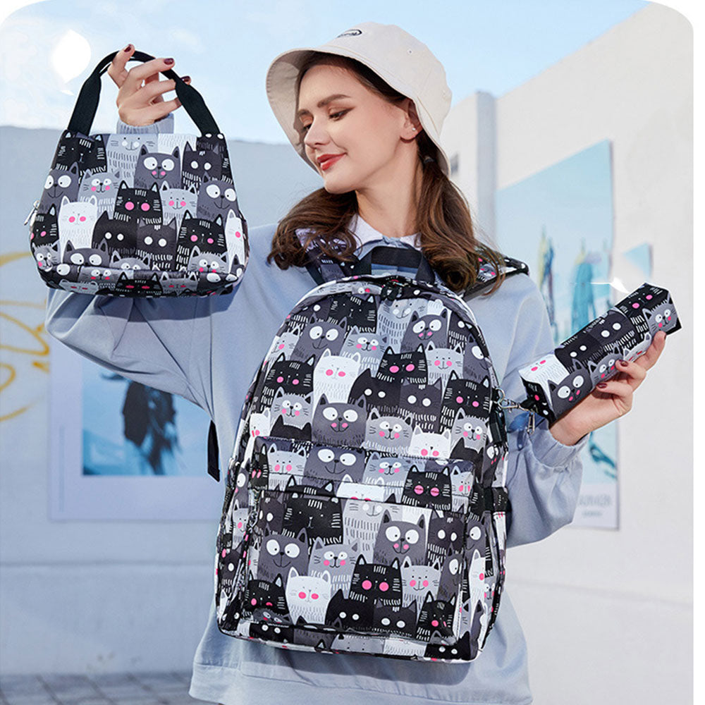 Cute Cat Printing Backpack Set for Girls 3 Pieces Waterproof School Bookbag with USB Charging Port