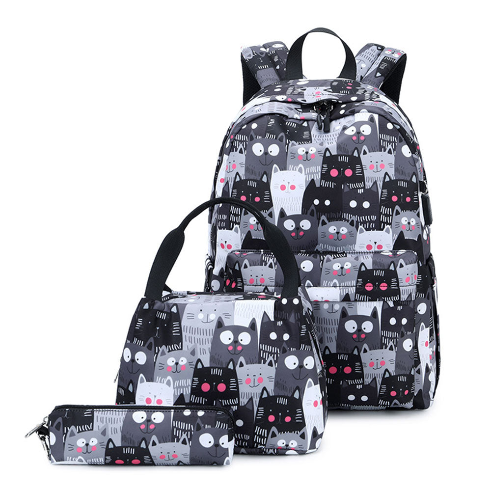 Cute Cat Printing Backpack Set for Girls 3 Pieces Waterproof School Bookbag with USB Charging Port