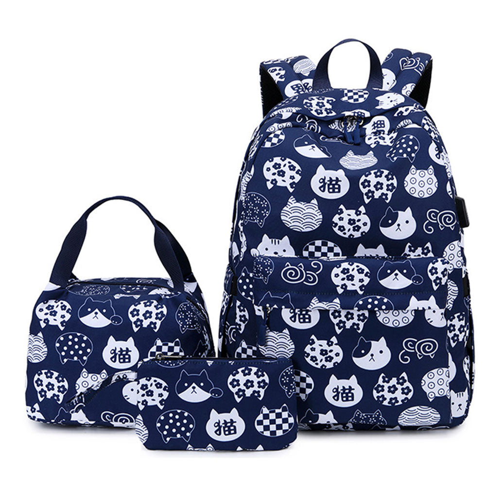 Cute Cat Printing Backpack Set for Girls 3 Pieces Waterproof School Bookbag with USB Charging Port