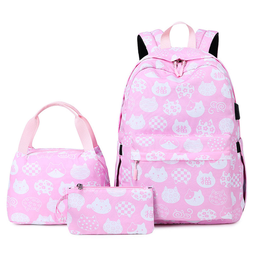 Cute Cat Printing Backpack Set for Girls 3 Pieces Waterproof School Bookbag with USB Charging Port