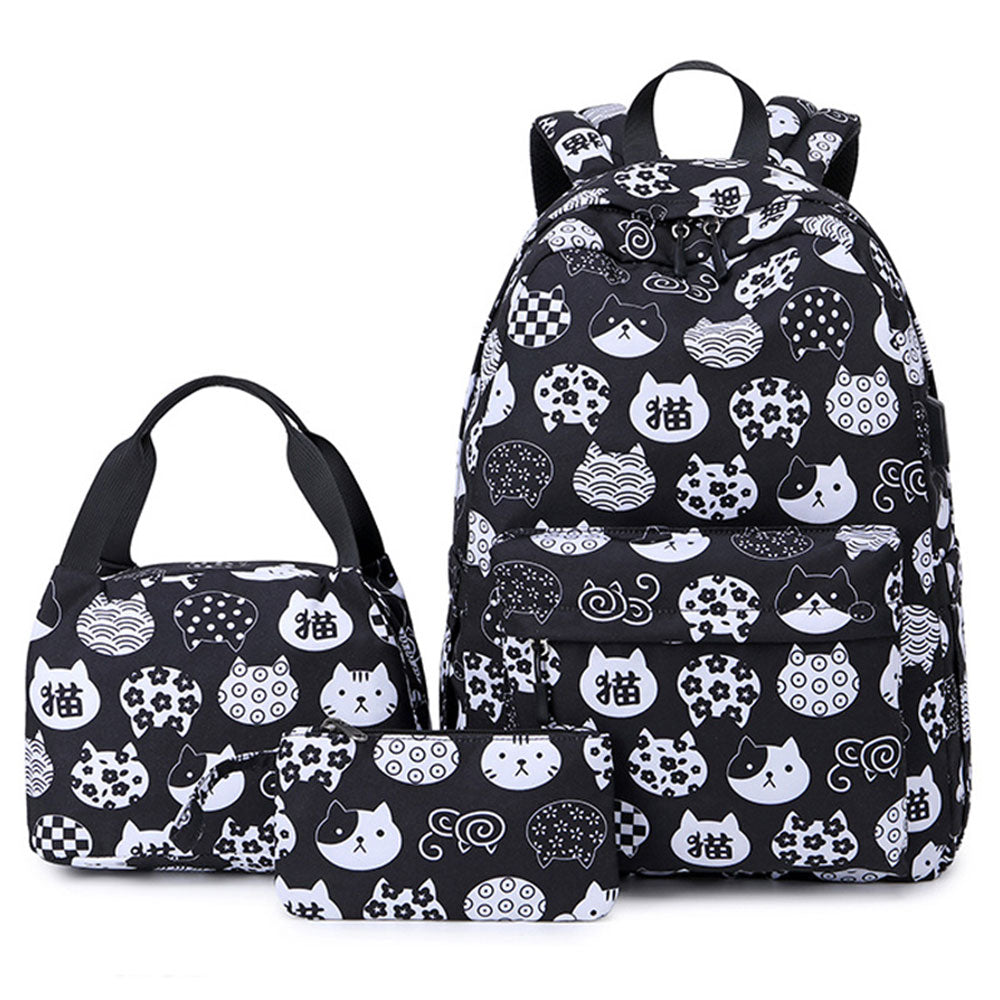 Cute Cat Printing Backpack Set for Girls 3 Pieces Waterproof School Bookbag with USB Charging Port