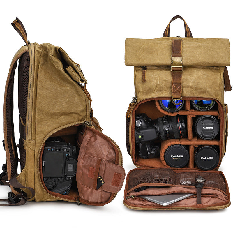 Retro Batik Canvas Leather Backpack Camera Bag