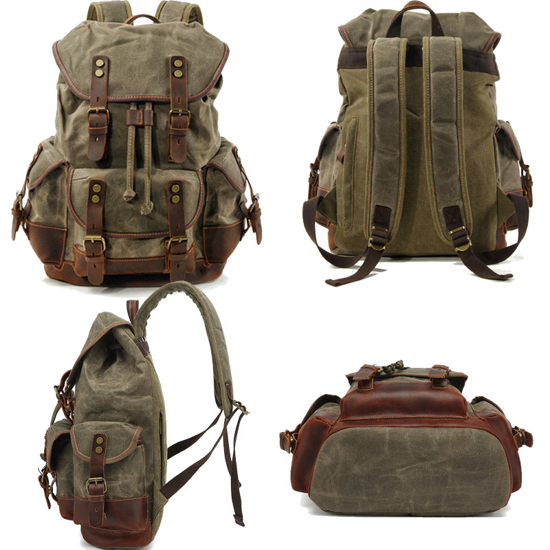 Rugged Vintage Canvas PU Leather Drawstring Backpack