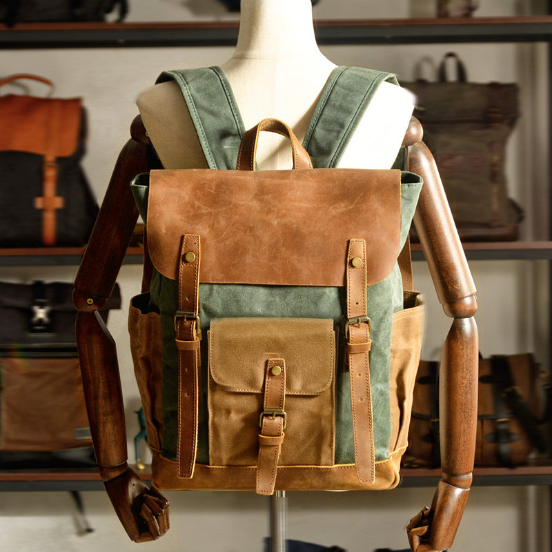 Men's Canvas Crazy Horse Leather Travel Backpack