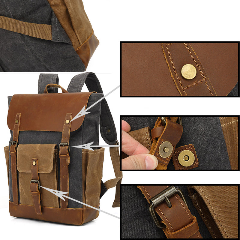 Men's Canvas Crazy Horse Leather Travel Backpack