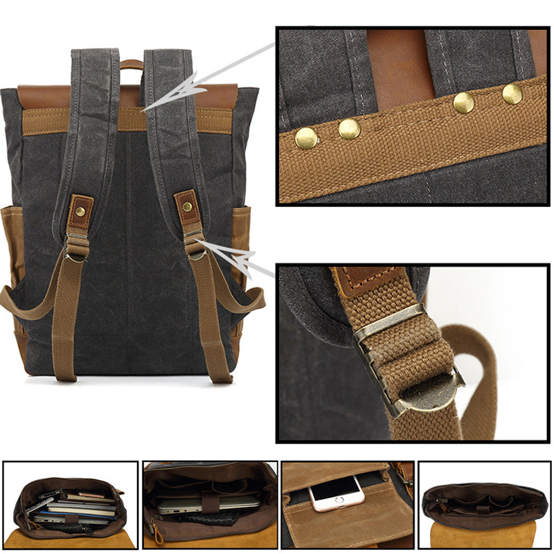 Men's Canvas Crazy Horse Leather Travel Backpack