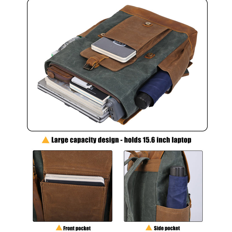 Men's Canvas Crazy Horse Leather Travel Backpack