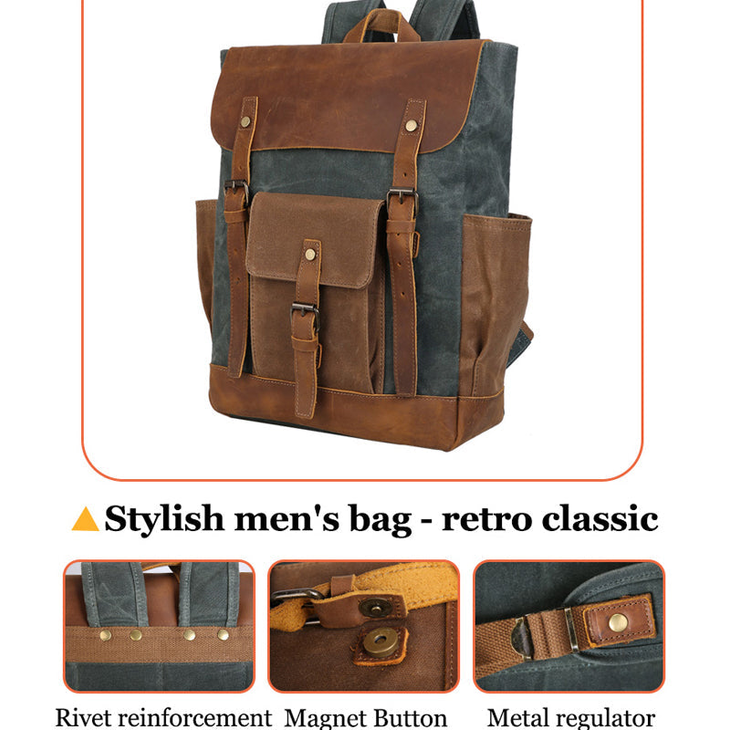 Men's Canvas Crazy Horse Leather Travel Backpack