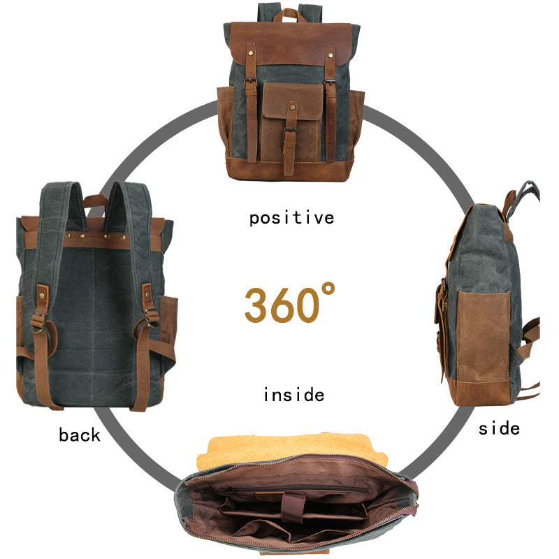 Men's Canvas Crazy Horse Leather Travel Backpack