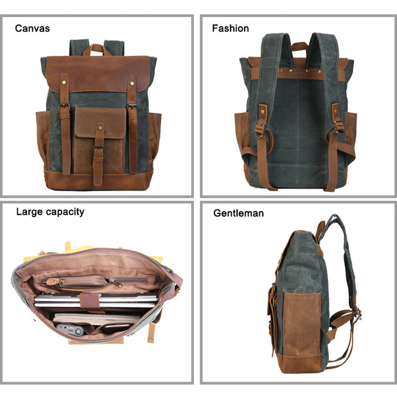 Men's Canvas Crazy Horse Leather Travel Backpack
