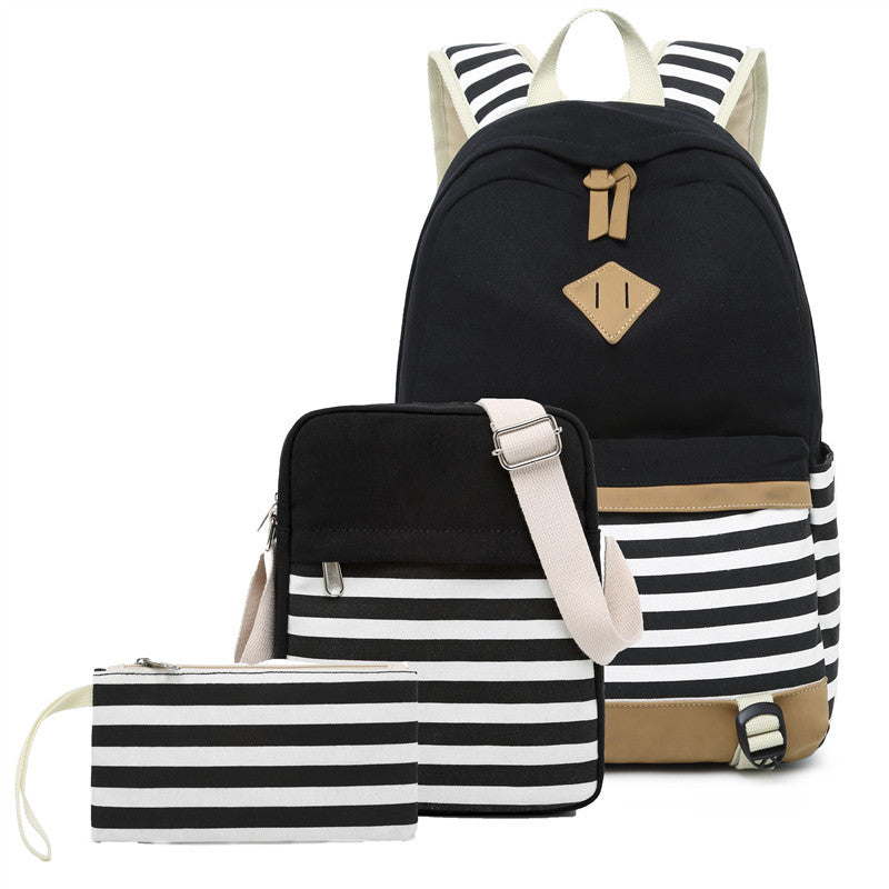Teens Trendy Backpack Sets Women's Stripe Bookbag, Crossbody Bag and Pencil Case