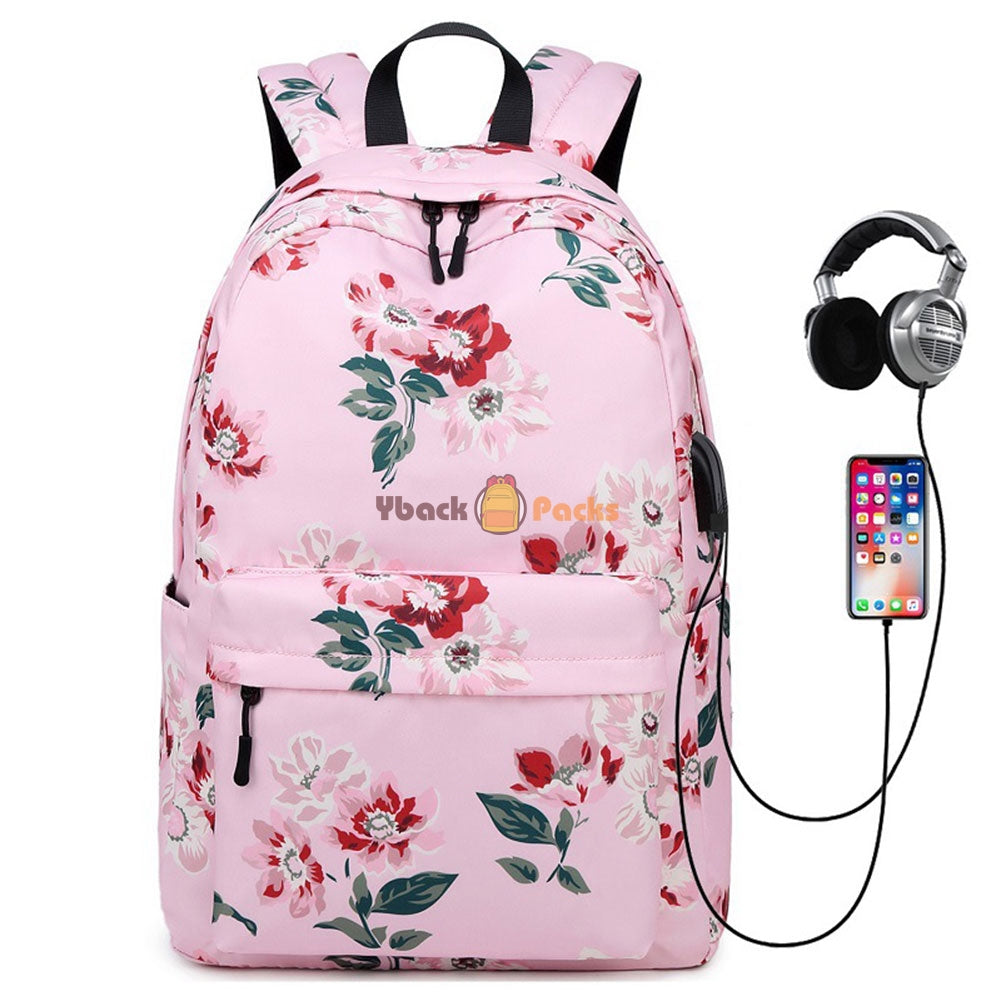 Stylish Floral Backpack with USB Charging Port Casual College Travel Bag for Teens