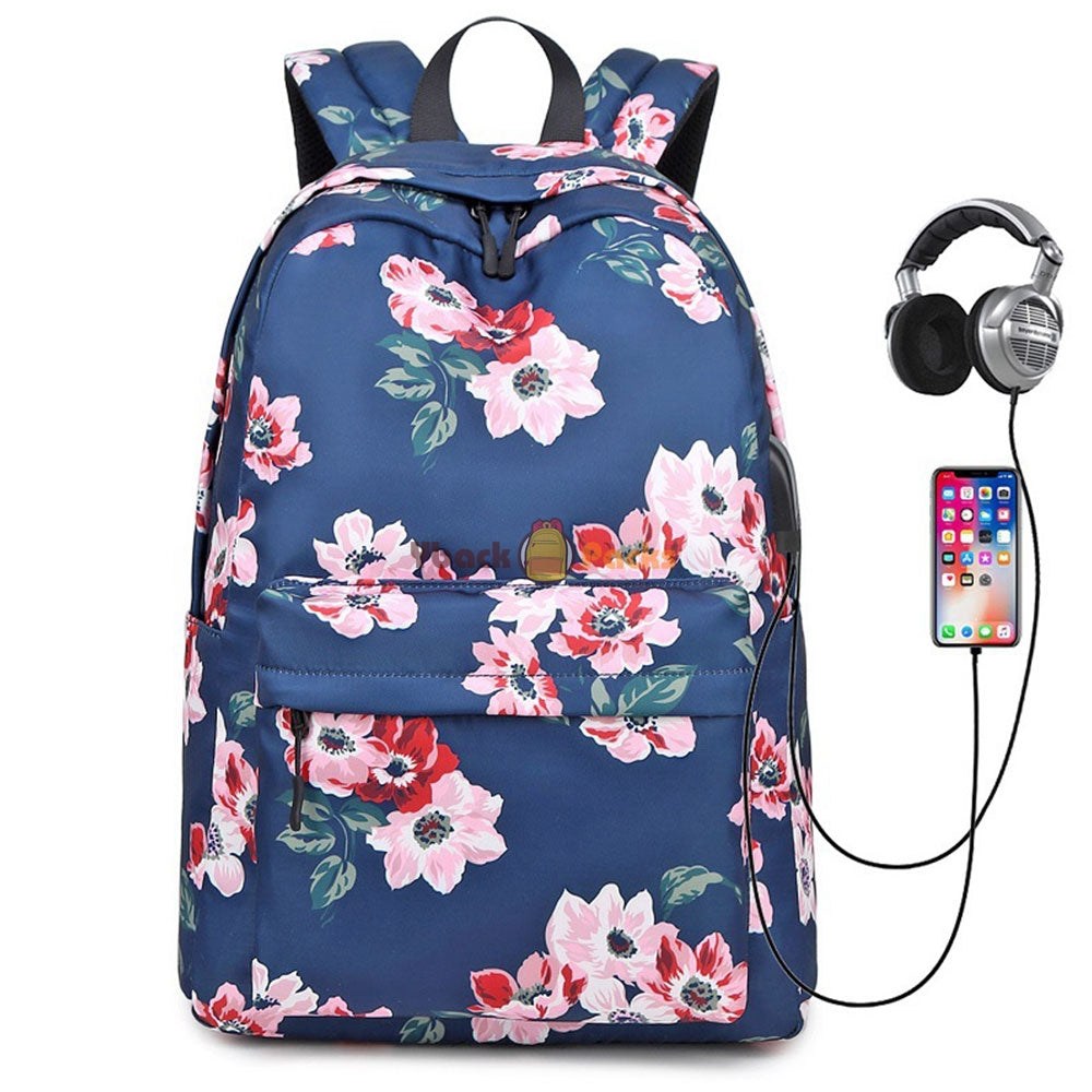 Stylish Floral Backpack with USB Charging Port Casual College Travel Bag for Teens