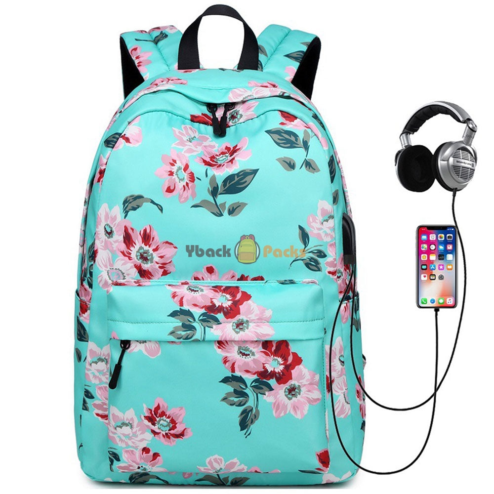 Stylish Floral Backpack with USB Charging Port Casual College Travel Bag for Teens