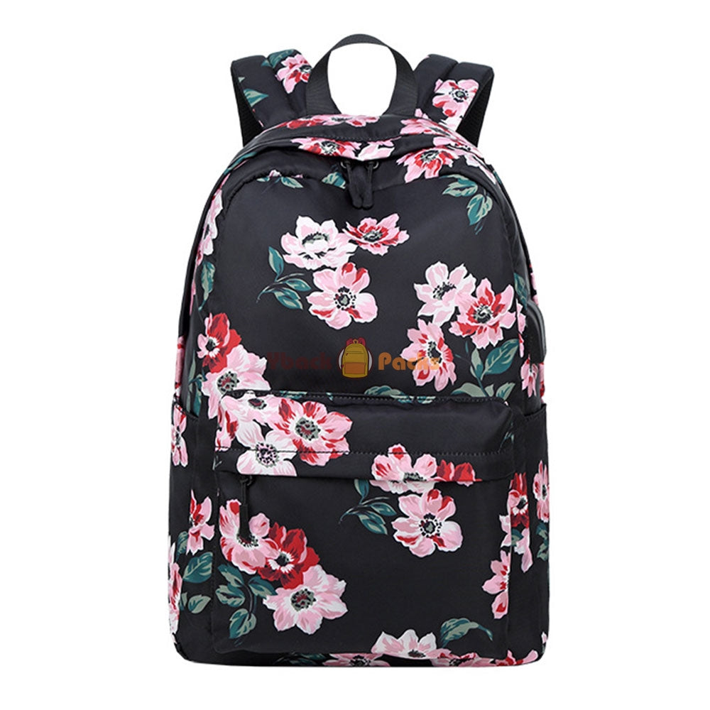 Stylish Floral Backpack with USB Charging Port Casual College Travel Bag for Teens