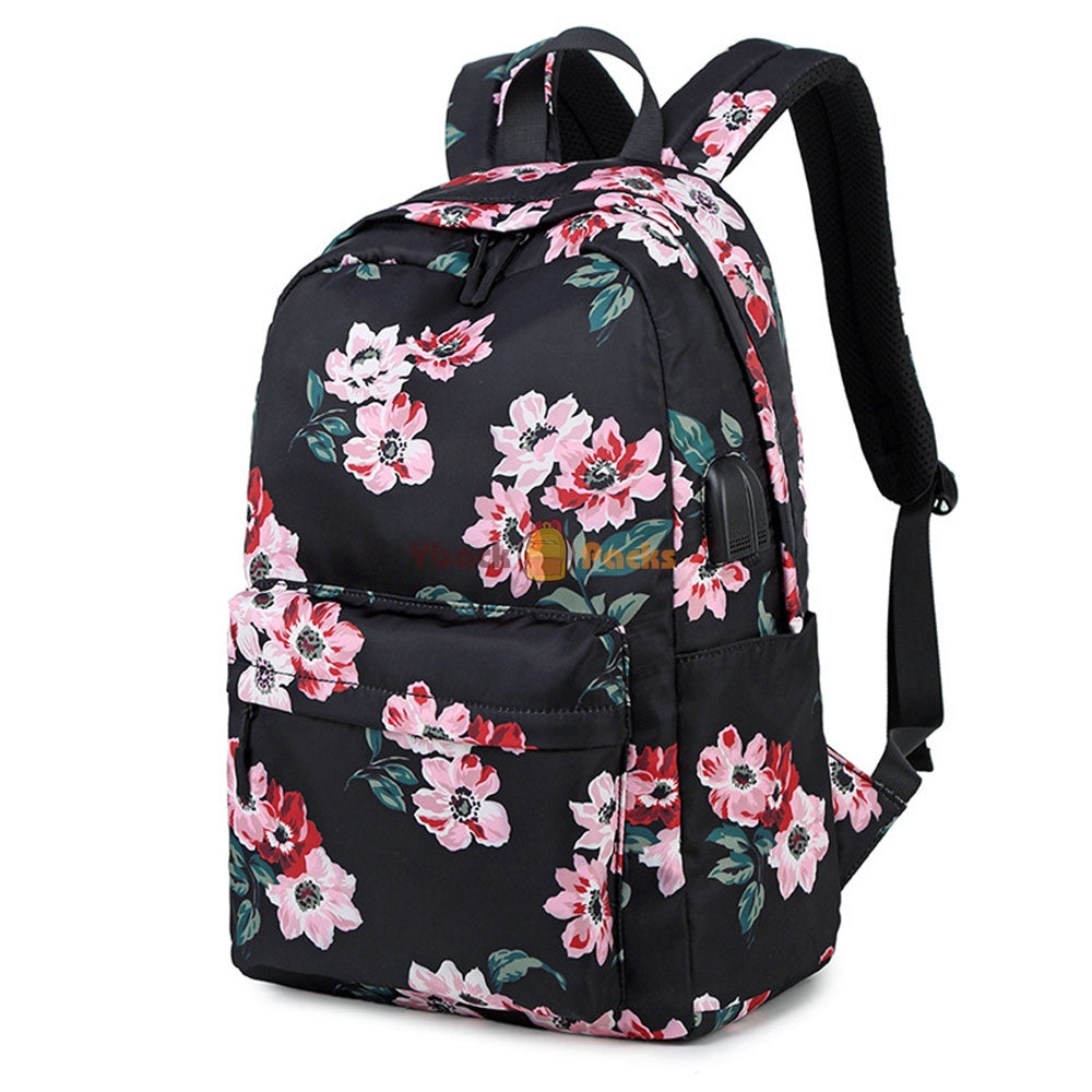Stylish Floral Backpack with USB Charging Port Casual College Travel Bag for Teens