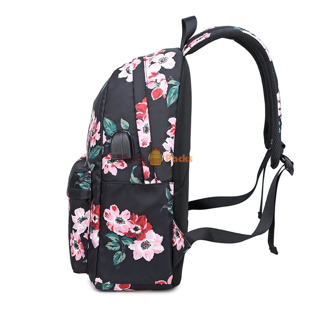Stylish Floral Backpack with USB Charging Port Casual College Travel Bag for Teens