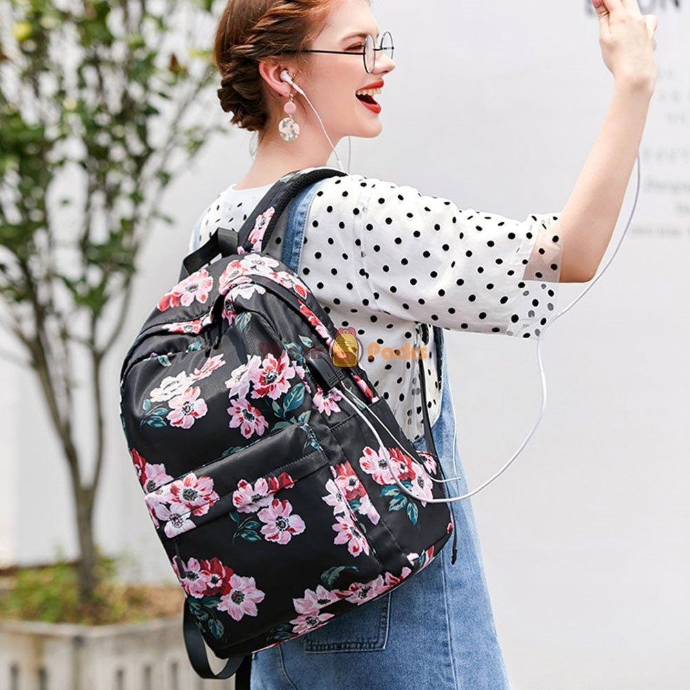 Stylish Floral Backpack with USB Charging Port Casual College Travel Bag for Teens