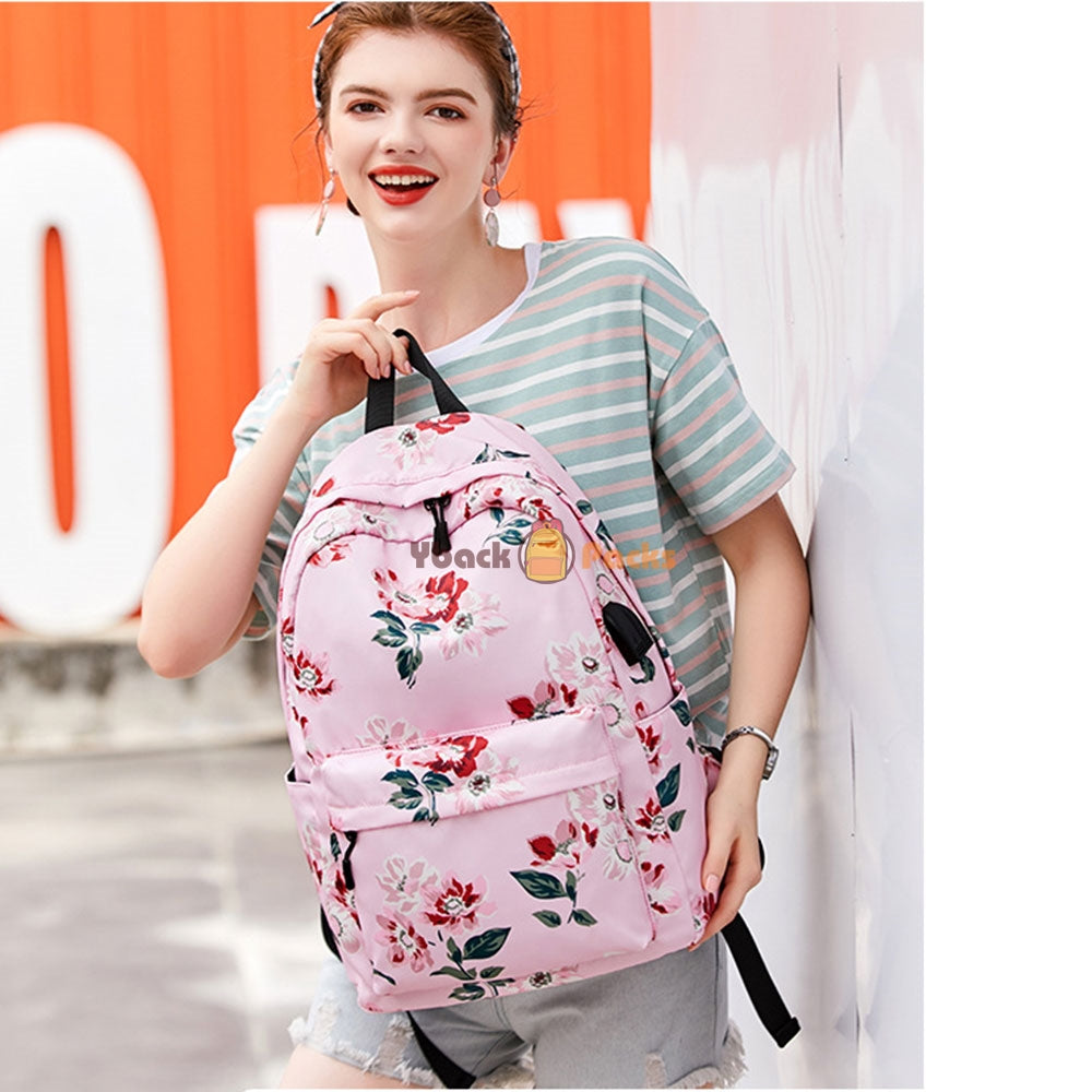 Stylish Floral Backpack with USB Charging Port Casual College Travel Bag for Teens