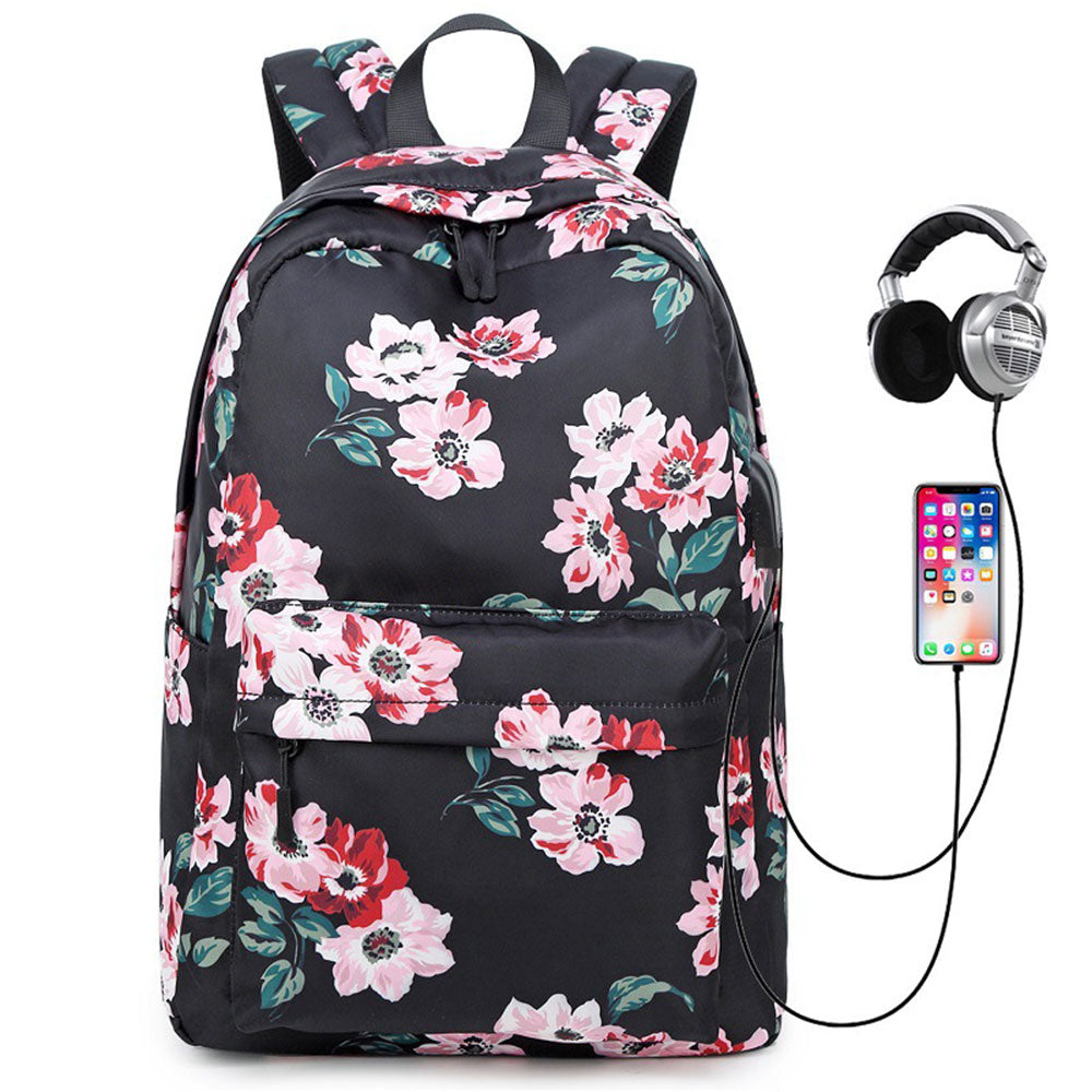 Stylish Floral Backpack with USB Charging Port Casual College Travel Bag for Teens