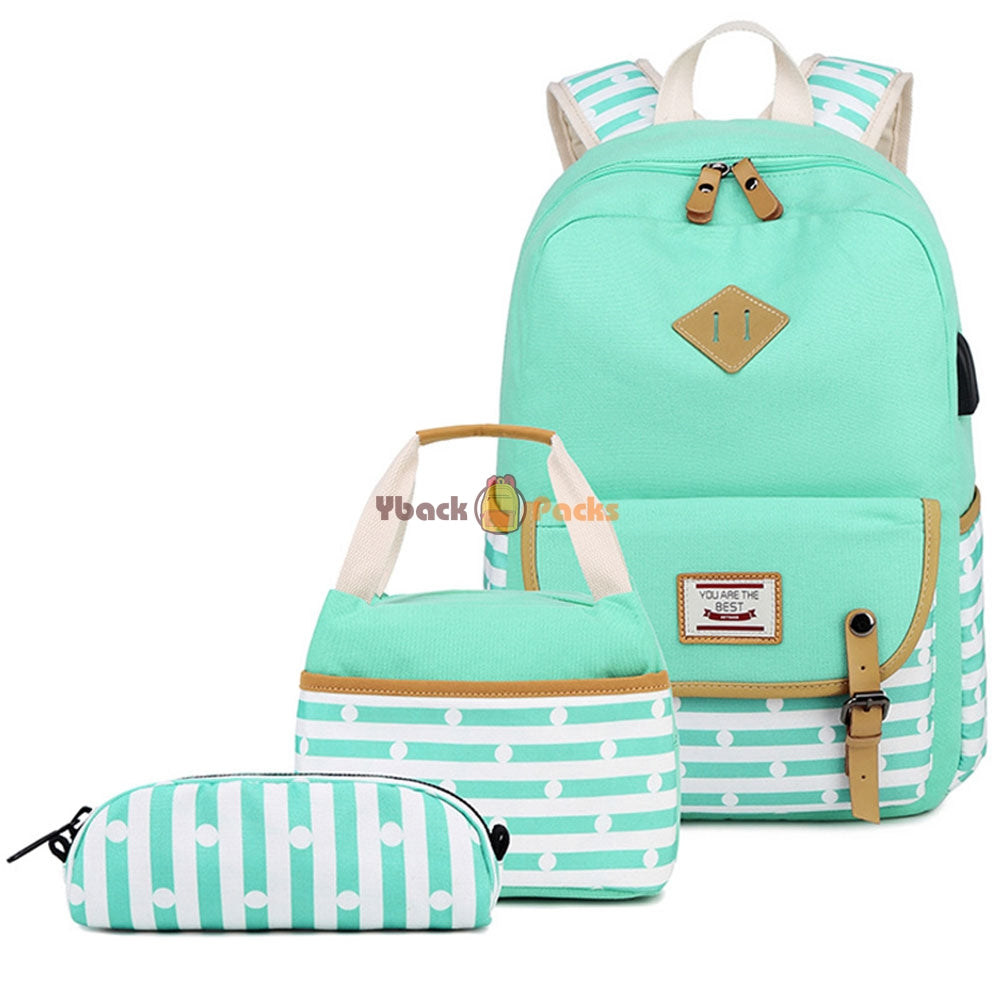 Canvas Backpack Set Large Capacity Casual School Bookbag Travel Bag with USB Charger