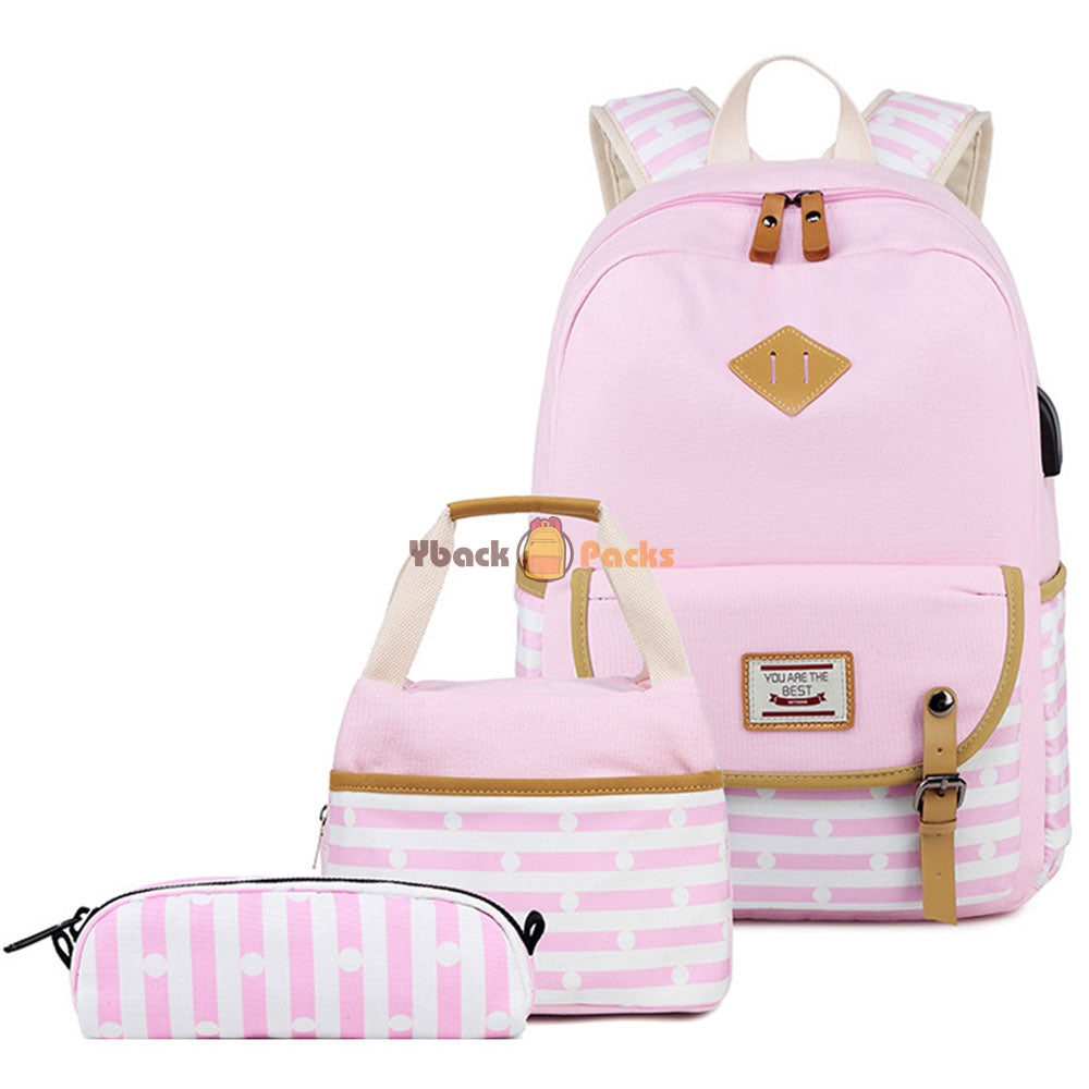 Canvas Backpack Set Large Capacity Casual School Bookbag Travel Bag with USB Charger