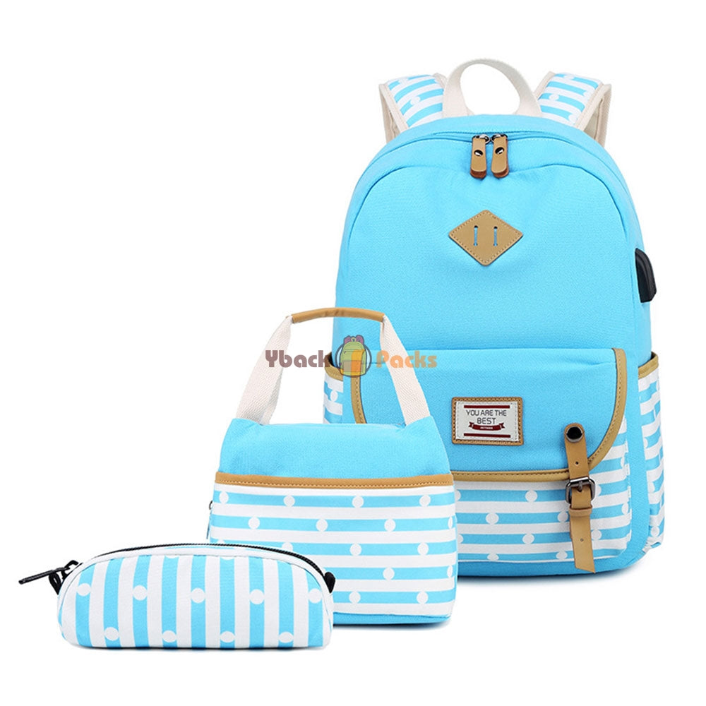 Canvas Backpack Set Large Capacity Casual School Bookbag Travel Bag with USB Charger