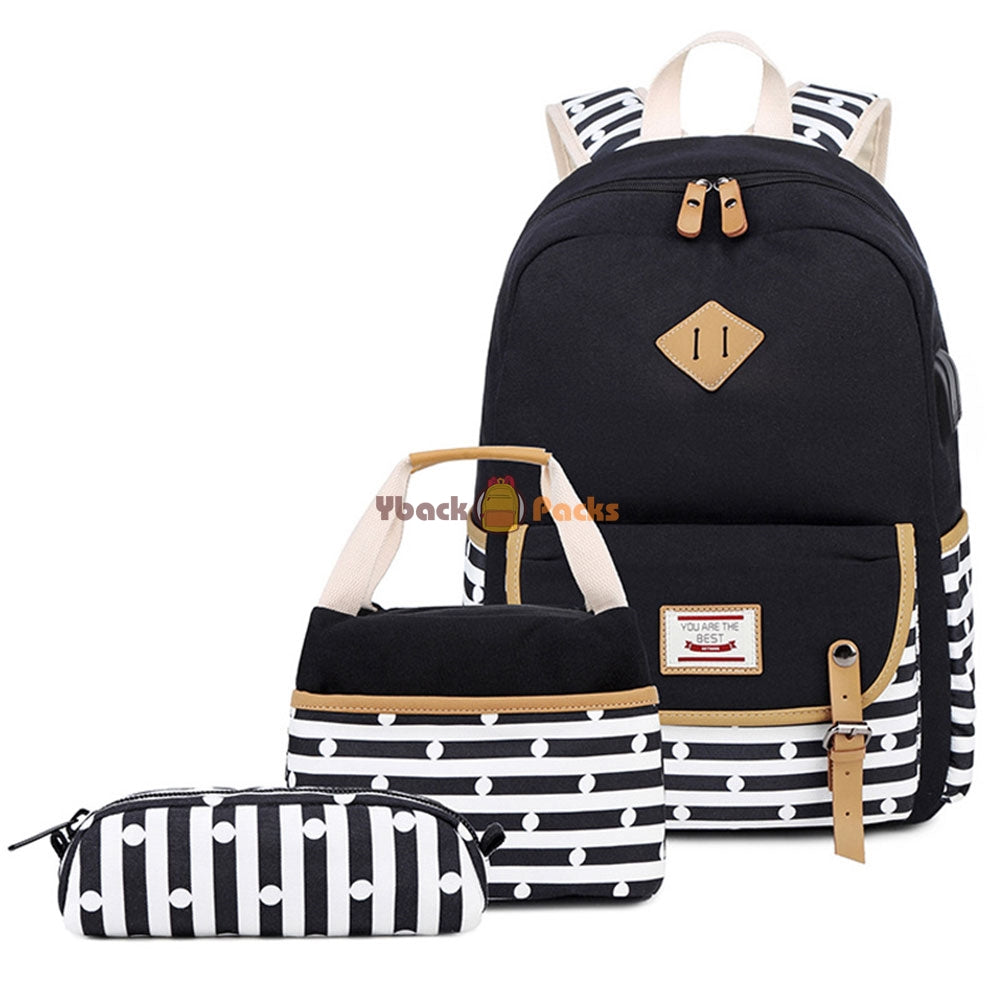 Canvas Backpack Set Large Capacity Casual School Bookbag Travel Bag with USB Charger
