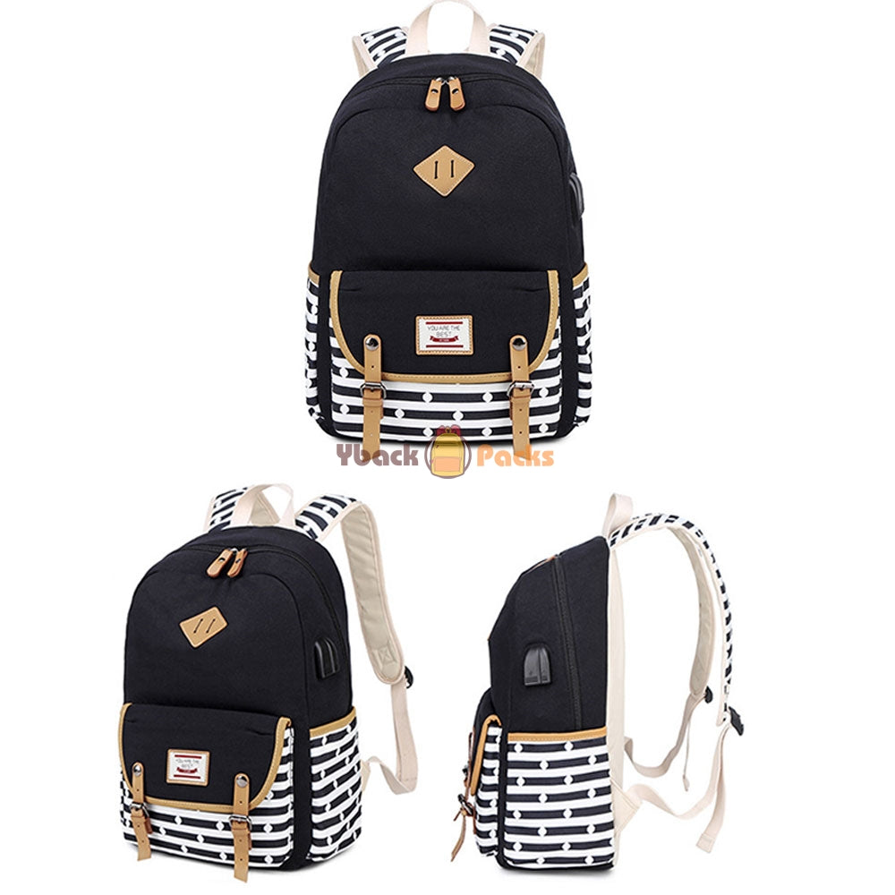 Canvas Backpack Set Large Capacity Casual School Bookbag Travel Bag with USB Charger