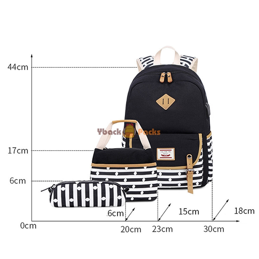 Canvas Backpack Set Large Capacity Casual School Bookbag Travel Bag with USB Charger