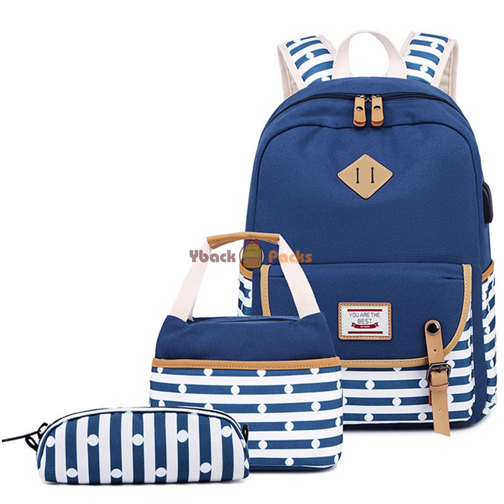 Canvas Backpack Set Large Capacity Casual School Bookbag Travel Bag with USB Charger