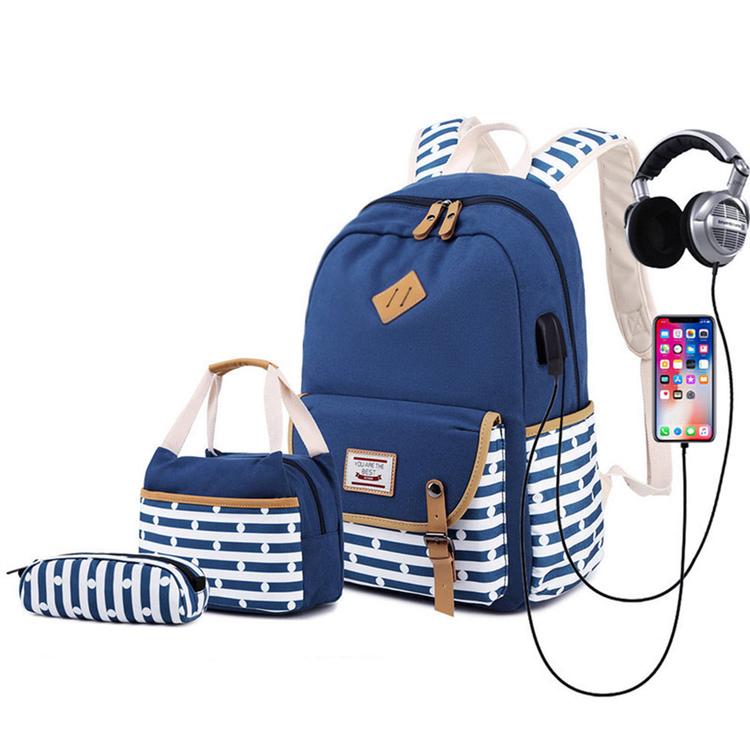 Canvas Backpack Set Large Capacity Casual School Bookbag Travel Bag with USB Charger