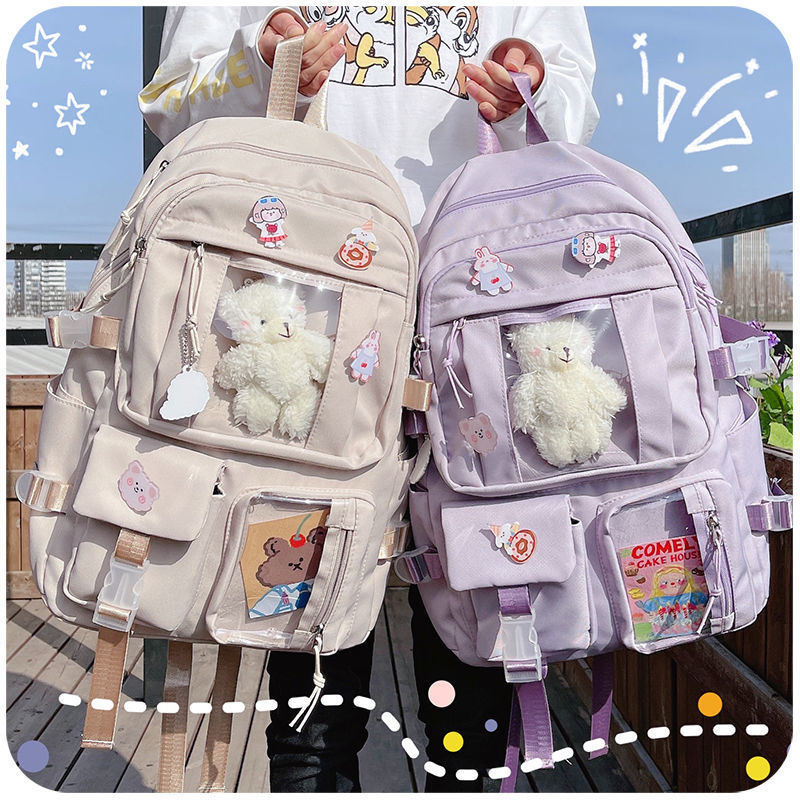 Cute Large-capacity Bookbag for Girls Multi-Pocket Nylon Backpack